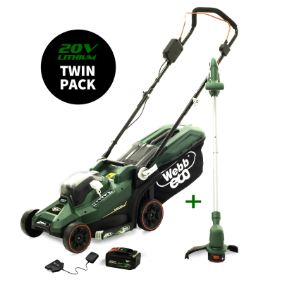 Webb Eco WEV20LM33LT25B4 20V 33cm (14″) Cordless Rotary Lawnmower and 25cm Line Trimmer (Twin Pack) 4Ah Battery & Charger included
